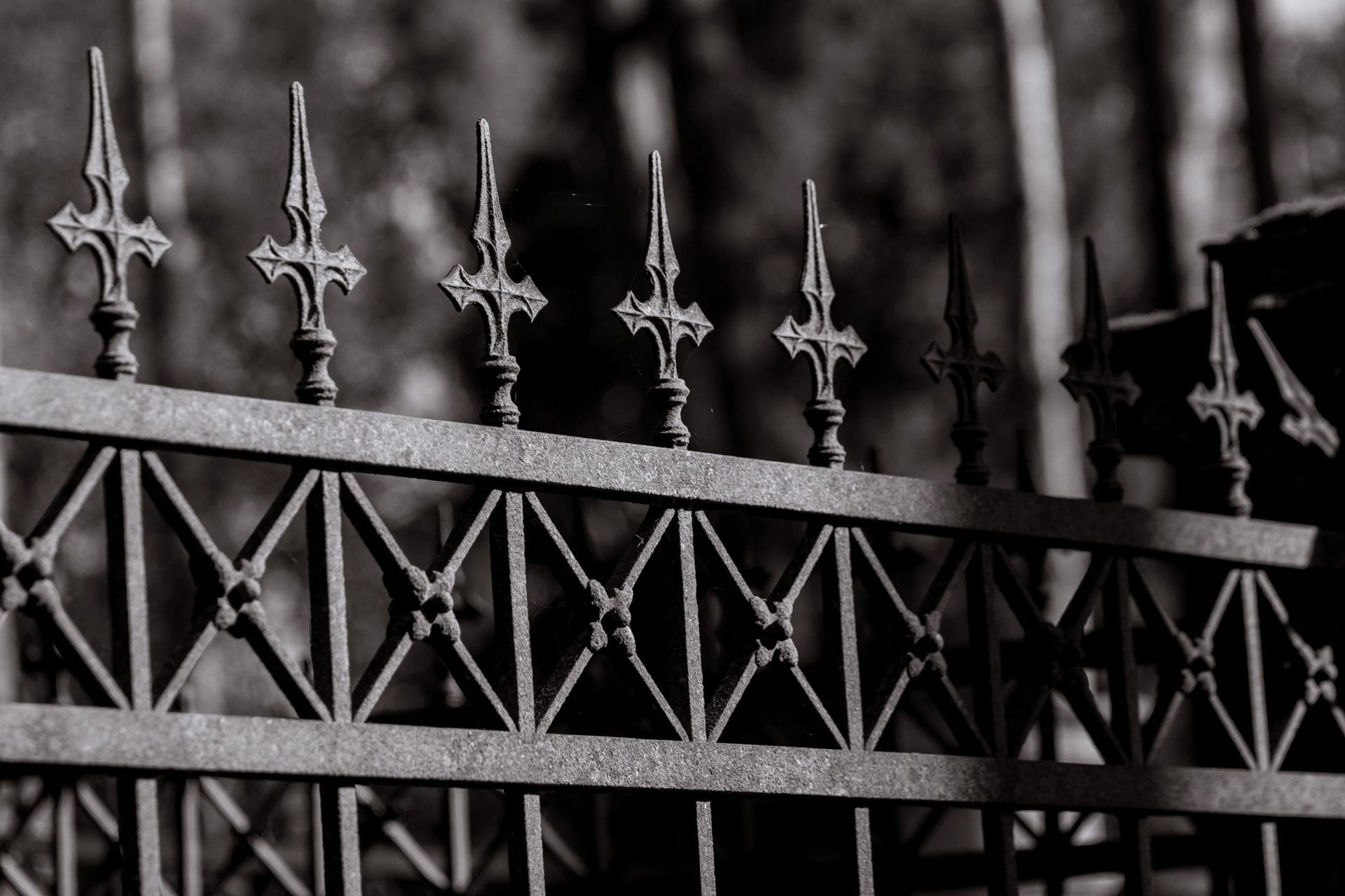 Black and white photo of a historical ornate iron fence in Gārsene, Latvia, showcasing intricate ironwork.